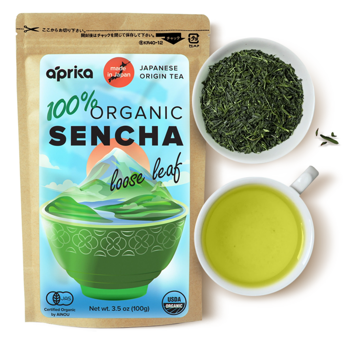 The Organic Sencha Loose Leaf Tea package, rich in antioxidants, displays dried leaves in a bowl and brewed tea in a cup on a white background.