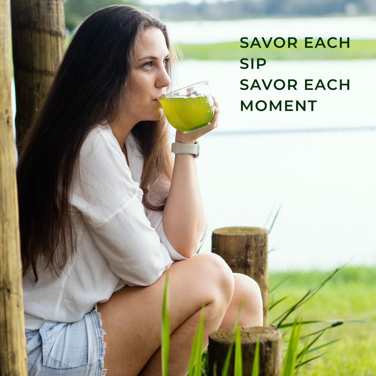 A woman enjoys a green drink outdoors: "Savor every sip, savor each moment with Japanese Matcha Green Tea Bags.
