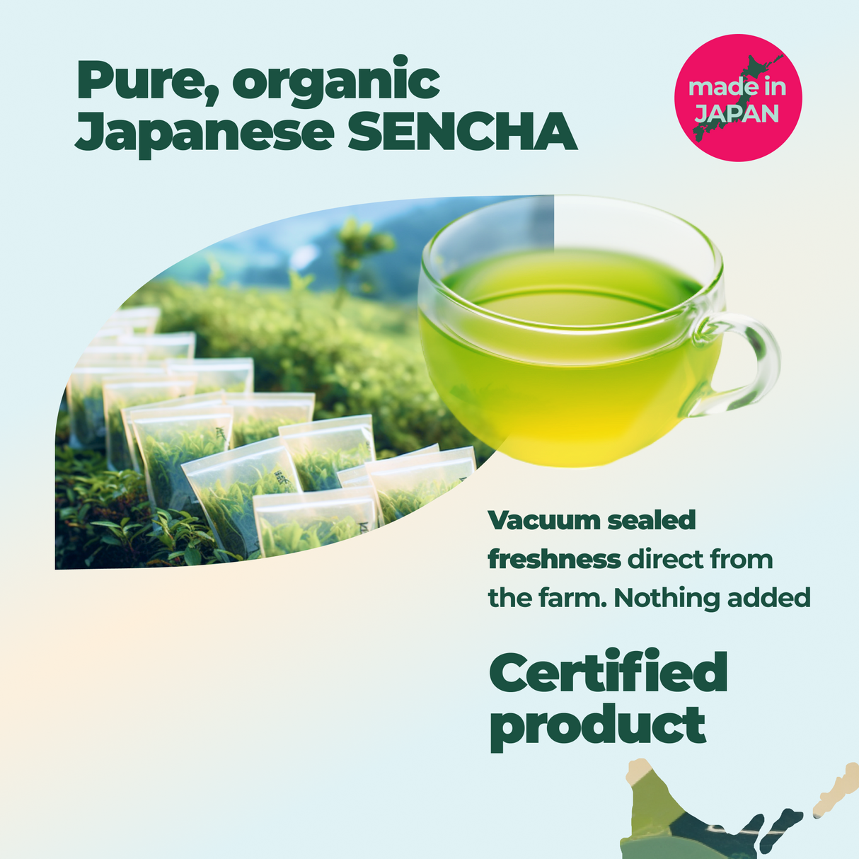 An organic display of Japanese Sencha Loose Leaf Tea, rich in antioxidants, featuring a green tea cup and vacuum-sealed tea bags. Made in Japan.