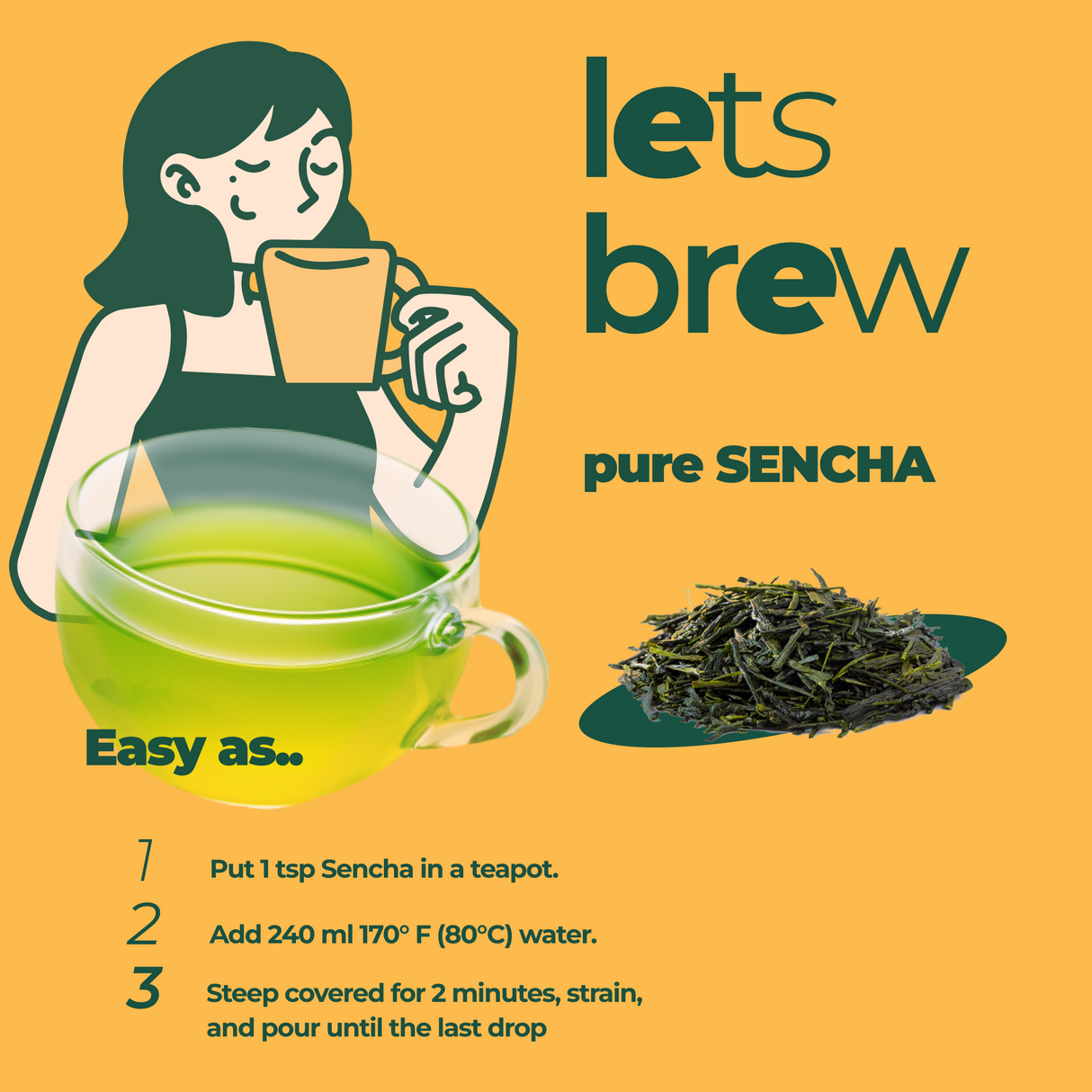 Illustration of a woman enjoying Sencha Loose Leaf Tea, featuring brewing tips for pure organic tea. A cup and leaves are depicted, emphasizing the abundance of antioxidants in each sip.