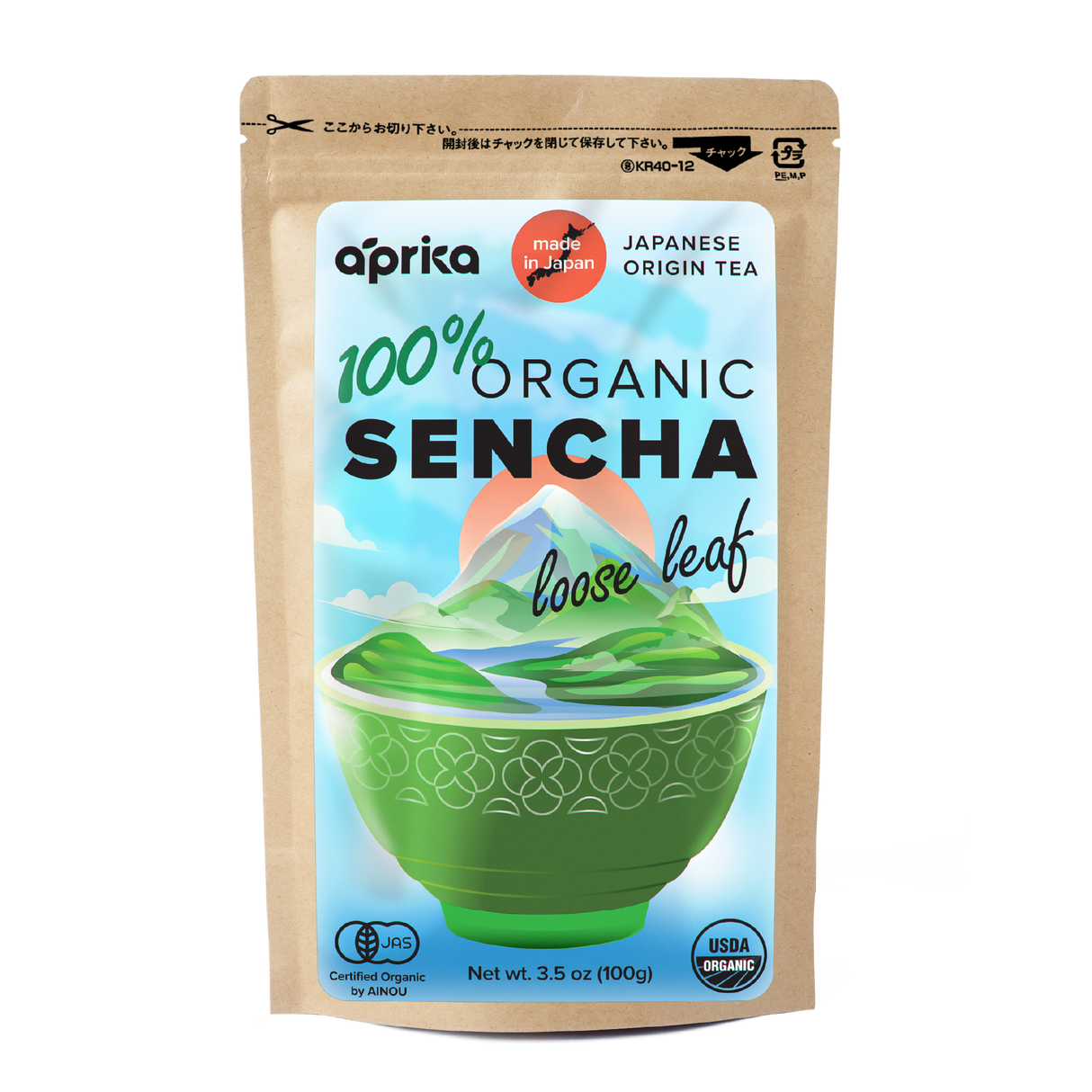 Explore the elegance of Sencha Loose Leaf Tea in this "Made in Japan" brown bag with a green bowl design, featuring 100% organic tea that delivers rich antioxidants and authentic flavor.