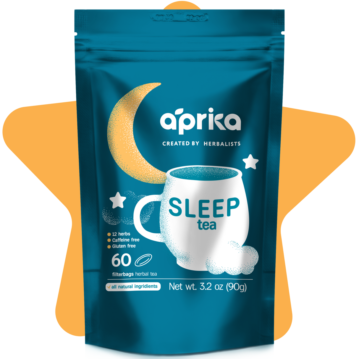 Herbal Sleep Tea With Sleep Guide (60 Bags) in a turquoise pouch features a crescent moon and cup design, emphasizing its calming blend of caffeine-free, all-natural herbs alongside essential product details.