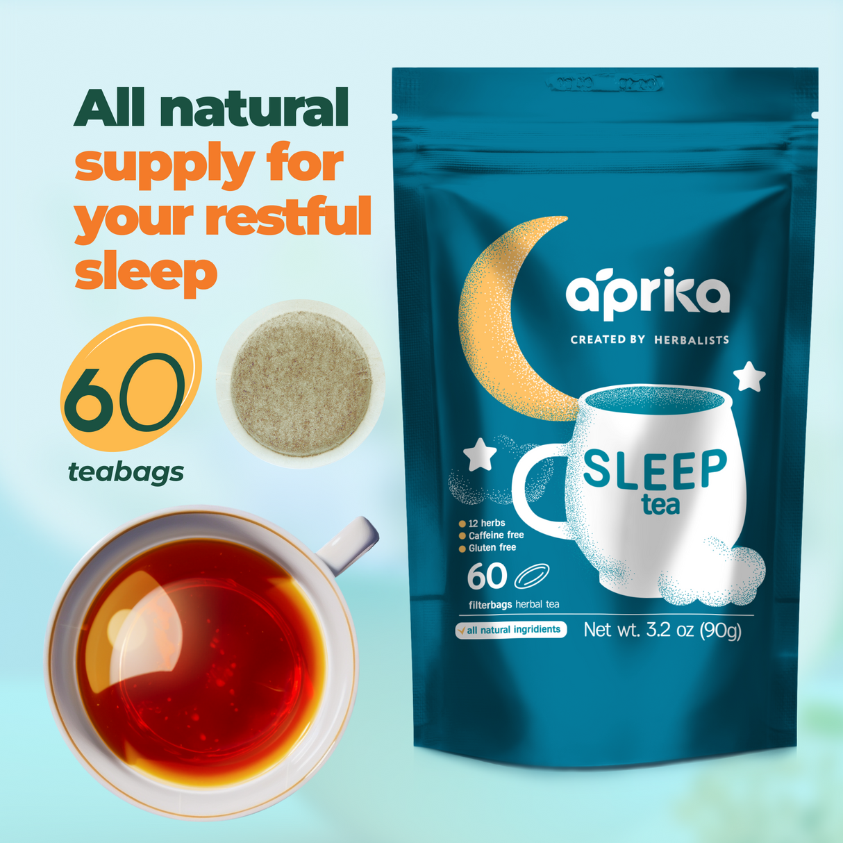 Packaging for Herbal Sleep Tea With Sleep Guide includes 60 bags, a cup, and text promoting restful sleep with all-natural herbs. This blend is caffeine-free to support peaceful nights.