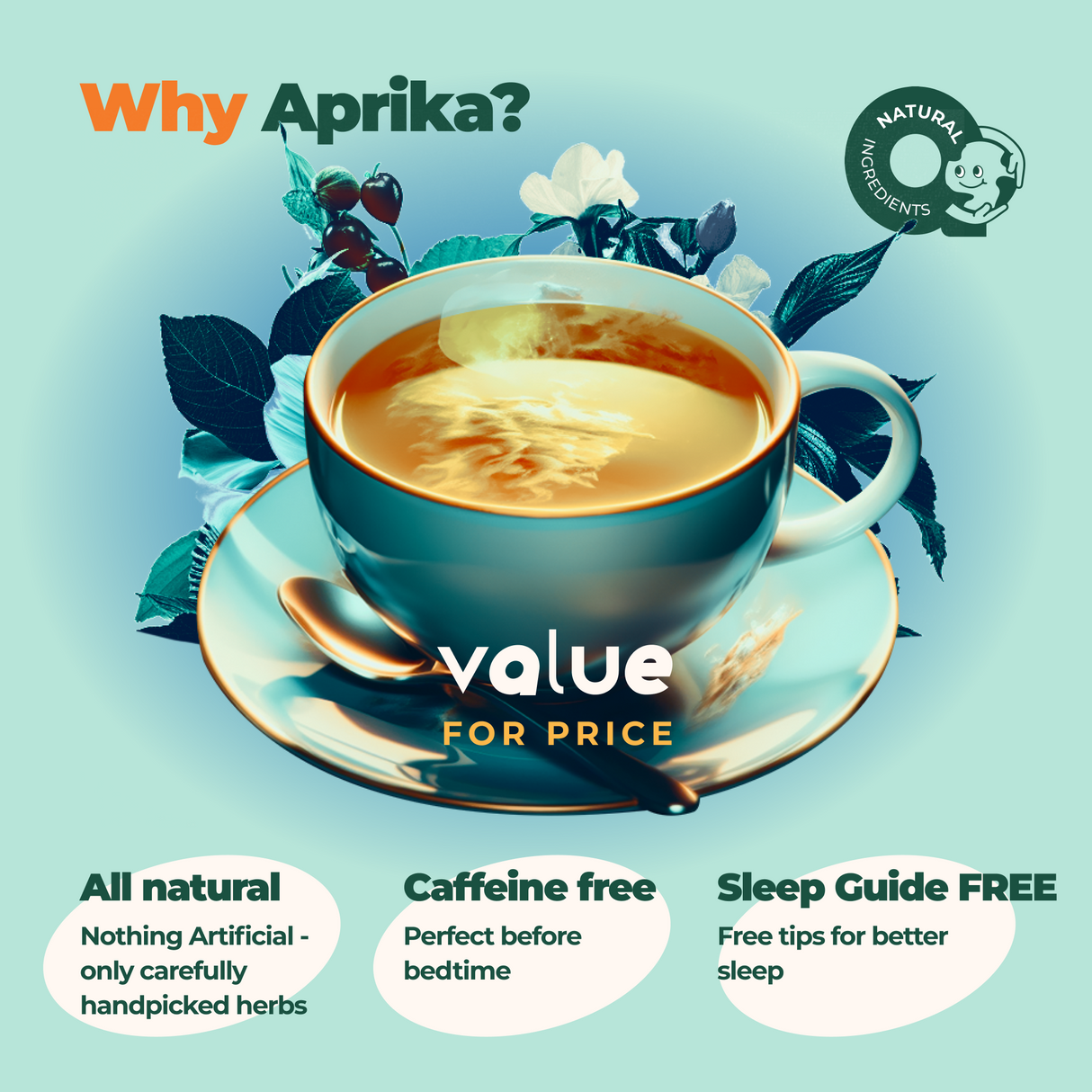 Explore Aprika's Herbal Sleep Tea With Sleep Guide, featuring a cup on saucer. Enjoy all-natural herbs for restful nights without caffeine jitters. Discover natural, caffeine-free benefits promoting better sleep. Contains 60 bags for your nightly routine.