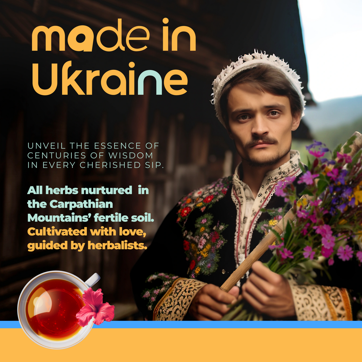 A man in traditional attire holds flowers next to text about caffeine-free Ukrainian Herbal Sleep Tea with all-natural herbs. A cozy cup of "Herbal Sleep Tea With Sleep Guide, 60 Bags" is pictured in the bottom corner.