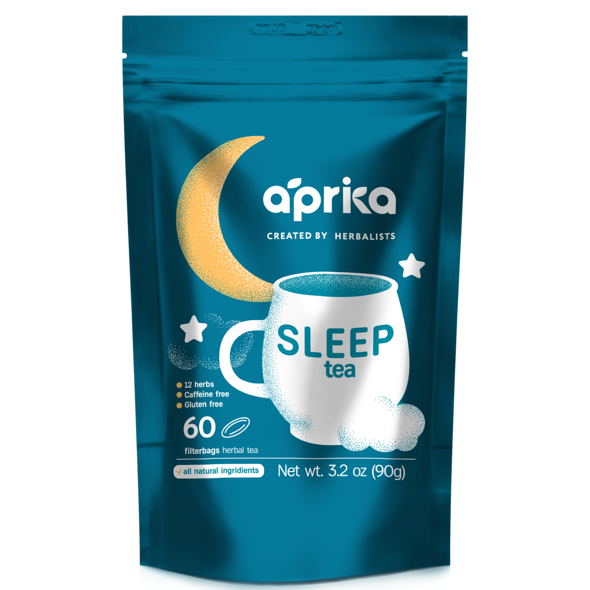 The Blue Aprika Herbal Sleep Tea packet, featuring a moon, stars, and white cup design, includes 60 bags. Made from all-natural herbs and caffeine-free, it offers a soothing experience for restful nights.