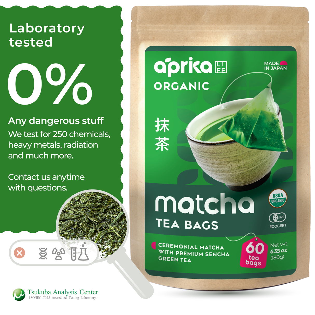 Japanese Matcha Green Tea Bags offer ceremonial-grade matcha, are lab-tested for 0% harmful substances, and are authentically made in Japan.