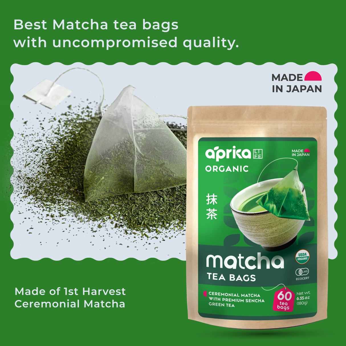 A pyramid tea bag and a package of Japanese Matcha Green Tea Bags are displayed on a green background.
