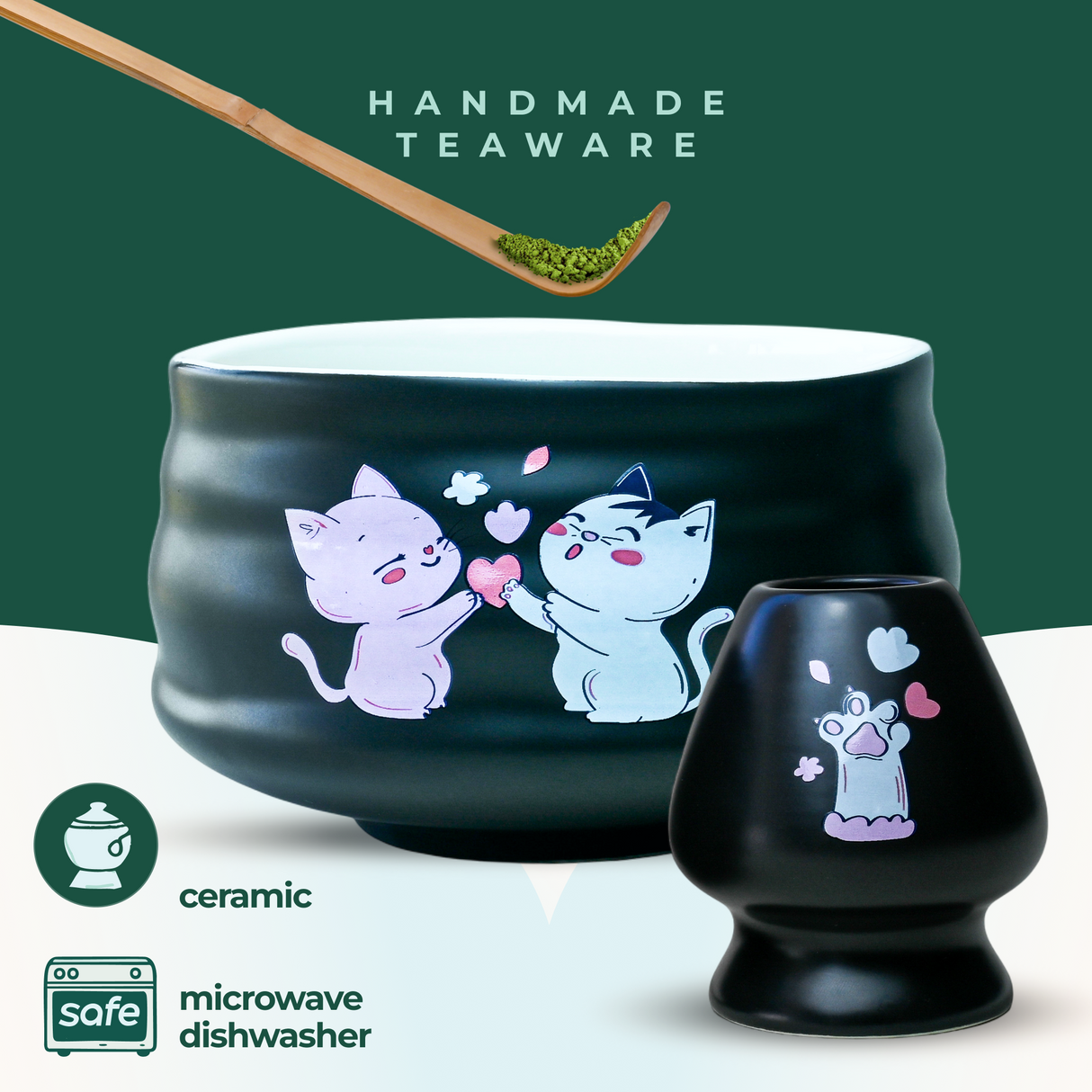 The Black Unfurl Matcha Gift Set includes sleek ceramic teaware with kawaii cat designs, plus a bamboo whisk and spoon. Enjoy safe, stylish tea moments with this charming set.