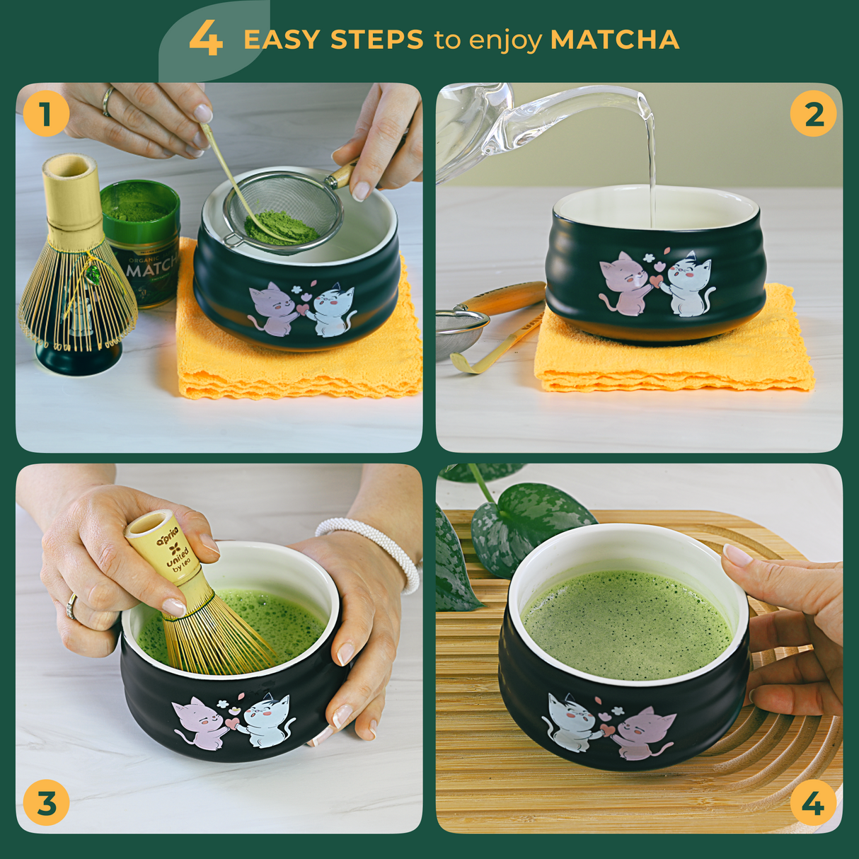 The Black Unfurl Matcha Gift Set includes tools for four-step matcha prep: sift, pour hot water, whisk with a bamboo whisk, and enjoy your green tea served in a kawaii cat-themed bowl.