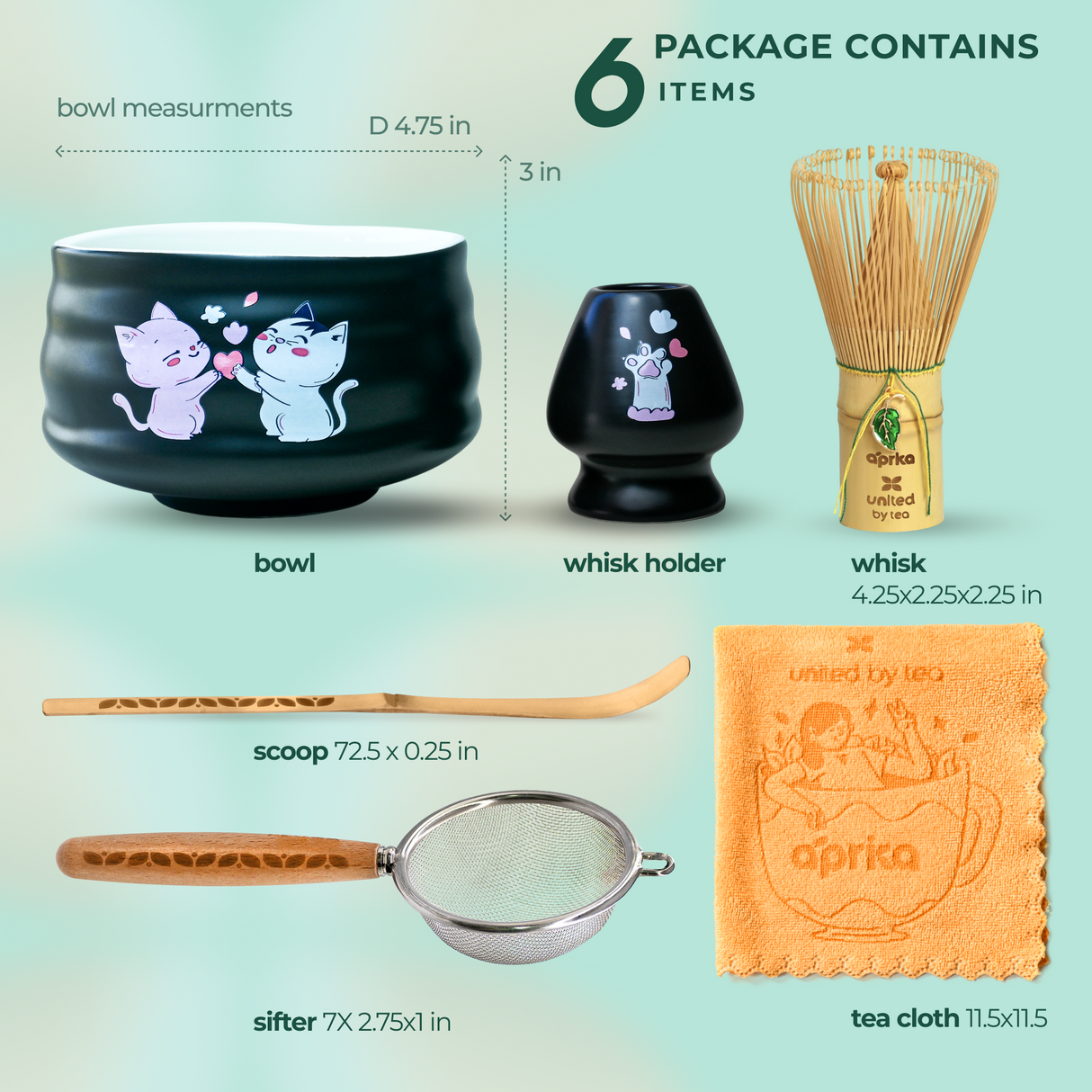 Black Unfurl Matcha Gift Set with bowl, bamboo whisk, holder, scoop, sifter, and orange tea cloth—all measured for precision. Ideal for matcha lovers or as a charming Kawaii Cat-inspired gift.