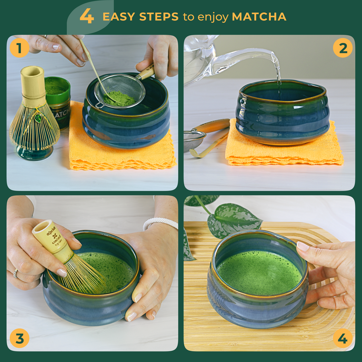Four-step guide to using the Ceremonial Matcha Starter Kit - Blue: sift matcha, add water, whisk, and enjoy a vibrant green tea inspired by Japanese tea ceremonies.