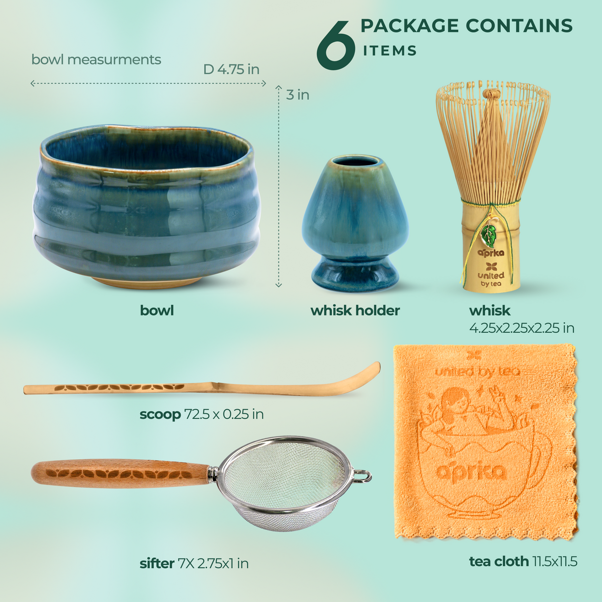 Ceremonial Matcha Starter Kit - Blue: includes bowl, whisk holder, whisk, scoop, sifter, and tea cloth—all with measurement labels—perfect for authentic Japanese tea ceremonies.
