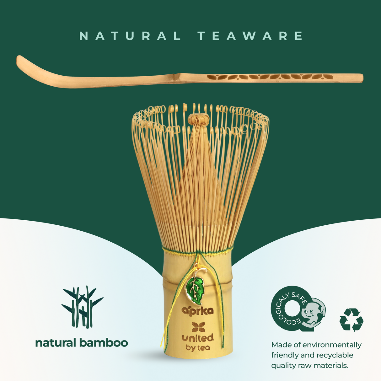 The White Unfurl Matcha Gift Set features a bamboo whisk and scoop with eco-friendly icons and "natural teaware" text on a green background—an ideal choice for matcha lovers.