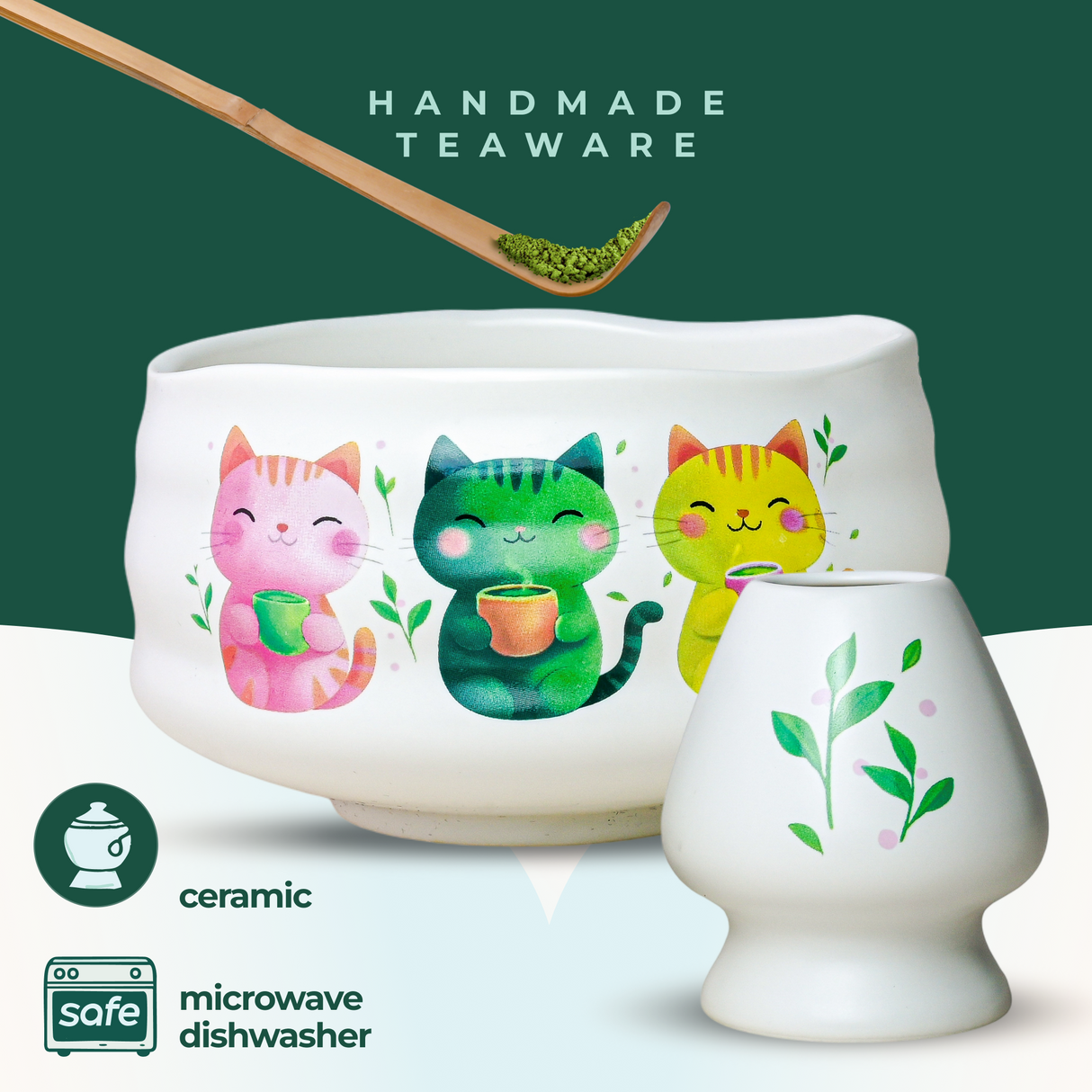 The White Unfurl Matcha Gift Set is a ceramic teaware set featuring cute cat designs. It's labeled handmade, microwave and dishwasher safe—making it a perfect gift for matcha lovers.