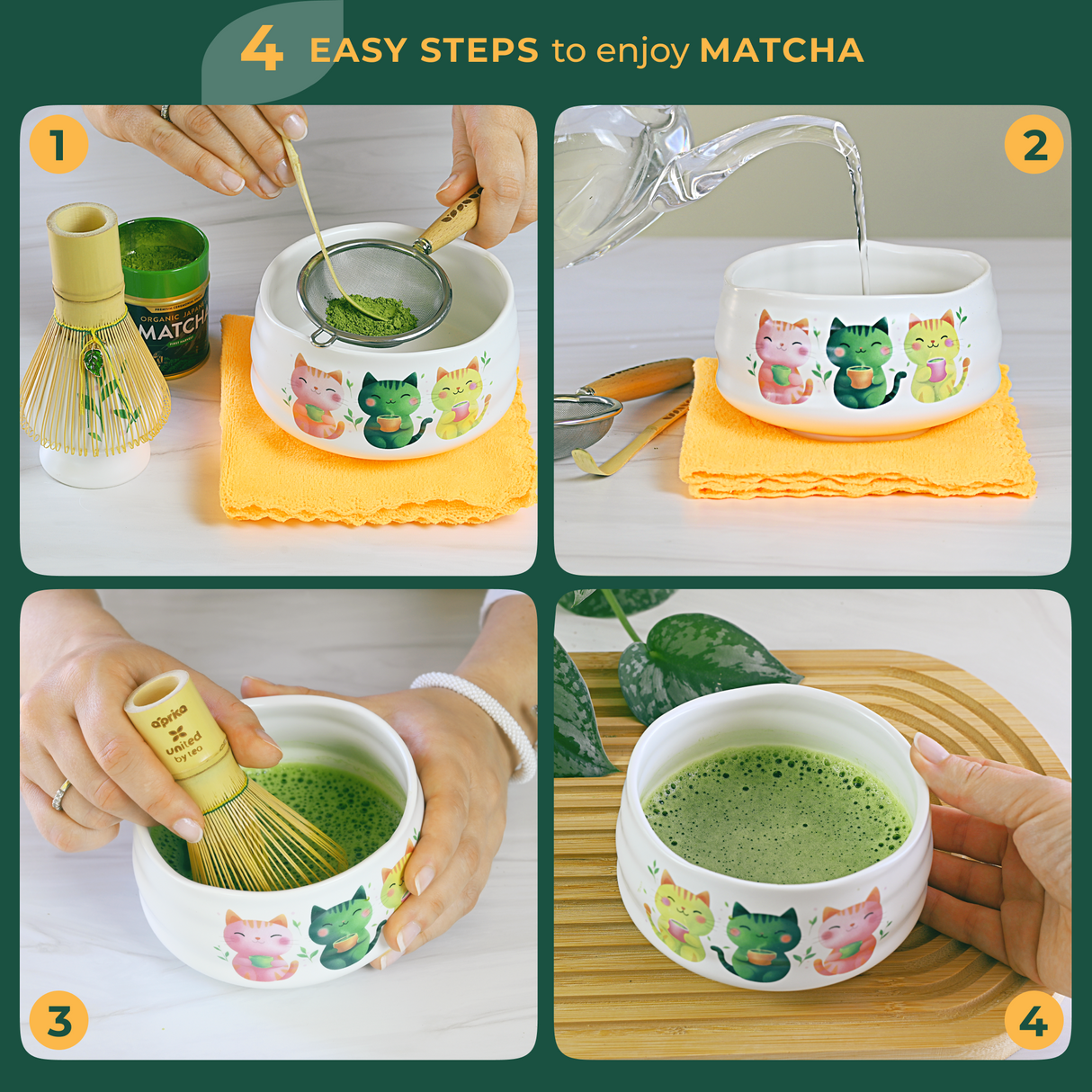 Four steps to make matcha: sift, add water, whisk with a bamboo whisk, and enjoy in the White Unfurl Matcha Gift Set—ideal for any matcha lover.