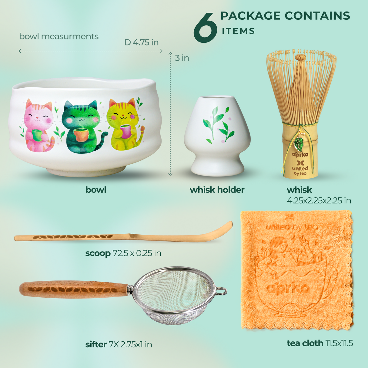 White Unfurl Matcha Gift Set includes a kawaii cat bowl, bamboo whisk, holder, scoop, sifter, and orange tea cloth—ideal for tea lovers. Set shown on a vibrant green background.