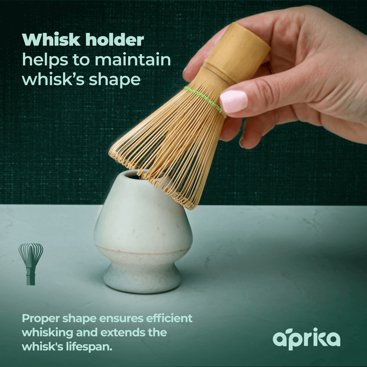 Place your eco-friendly Bamboo Matcha Whisk (100 Prongs) onto the holder to maintain its shape, keeping it pristine and ready for every brew.