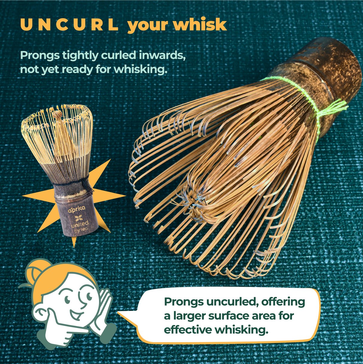 Illustration of a curled Dark Matcha Bamboo Whisk (100 Prongs) with instructions to uncurl, ideal for ceremonial Matcha tea preparation. Features a character highlighting optimal whisking—a unique gift idea for tea enthusiasts.