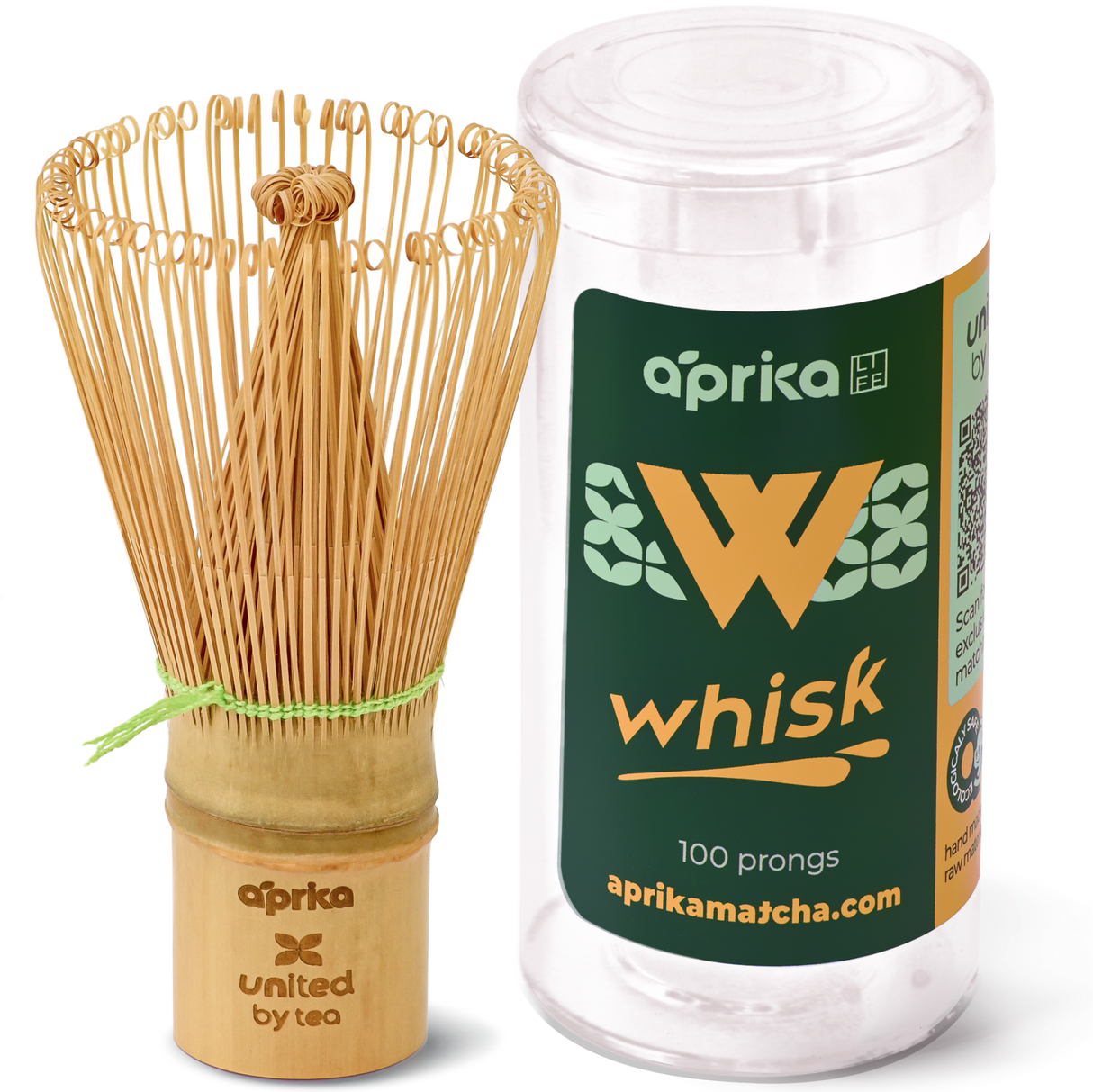 The eco-friendly Bamboo Matcha Whisk (100 Prongs) elegantly rests beside its sleek cylindrical packaging.