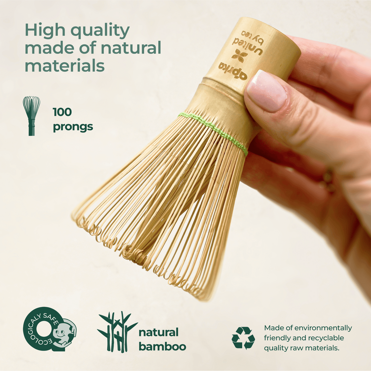 A hand holds a Bamboo Matcha Whisk (100 Prongs), crafted from natural materials and labeled "high quality." This eco-friendly tool promises to enhance your tea-making experience.