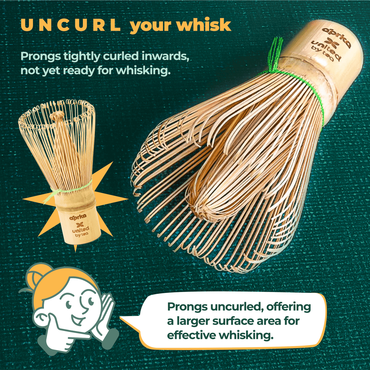 Eco-friendly Bamboo Matcha Whisk (100 Prongs) featuring both curled and uncurled prongs, includes illustrated instructions to master your matcha whisk technique.