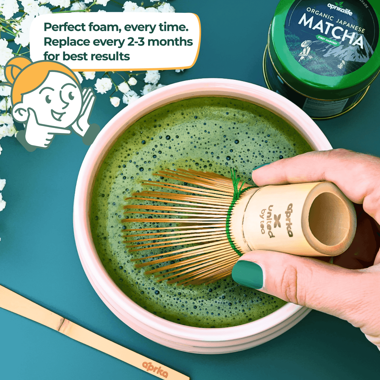 Using a Bamboo Matcha Whisk (100 Prongs), hand whisk green matcha in a bowl while the brewing instructions are displayed.