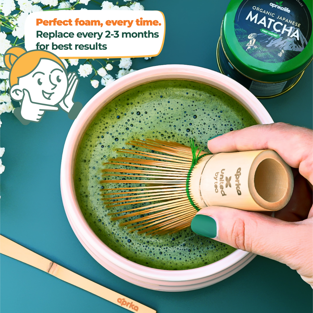 A hand skillfully uses a Dark Matcha Bamboo Whisk (100 Prongs) in a bowl of ceremonial Matcha tea. Replace every 2-3 months for best results—a unique gift idea for tea enthusiasts.