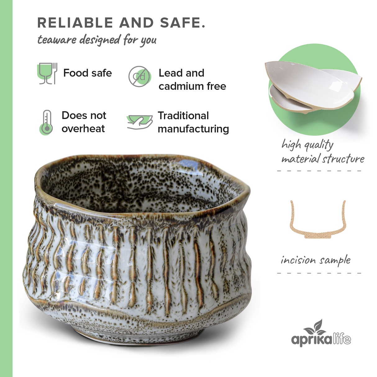 The White Ceramic Meisen Matcha Bowl set includes a bamboo whisk and holder, boasting a textured design reminiscent of traditional matcha sets; icons emphasize food safety, durability, and artisanal manufacturing.