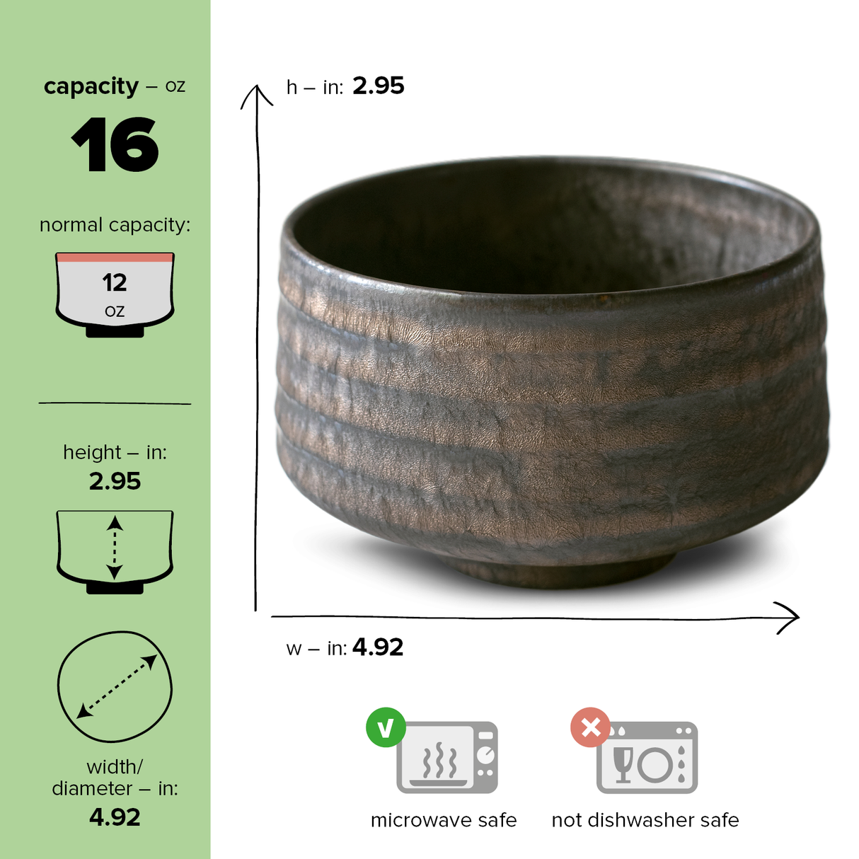 The Kaneni Gold Crystal Ceramic Matcha Bowl, a dark ceramic piece with a textured surface, is crafted using traditional Japanese pottery techniques. It measures 4.92" in diameter and 2.95" in height, holds 16 oz, and is microwave safe but not dishwasher friendly.