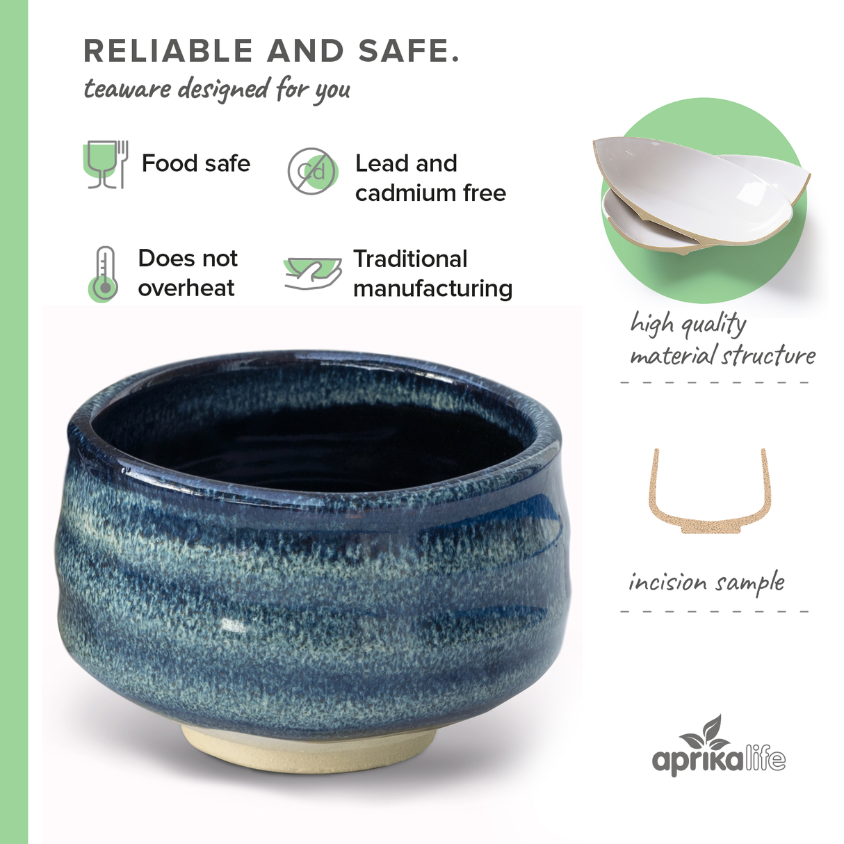 Explore the Maruyoshi Navy Sea Ceramic Matcha Bowl from our elegant Matcha Tea Set, crafted using traditional techniques and showcasing a stunning blue glaze. Each piece is carefully designed for safety with detailed insights into its material structure.