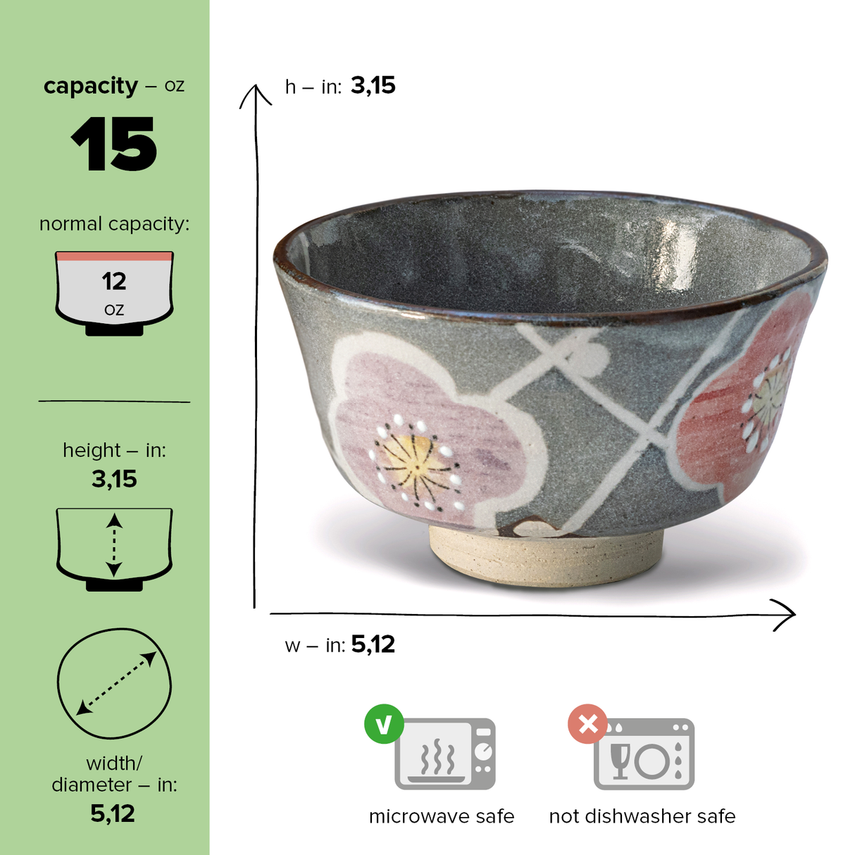 Gray with Flowers Ceramic Matcha Bowl, Bamboo Whisk, and Whisk Holder Set; features floral ceramic bowl (dimensions/capacity shown), ideal for matcha starter kits or tea accessories. Microwave safe; hand wash recommended.