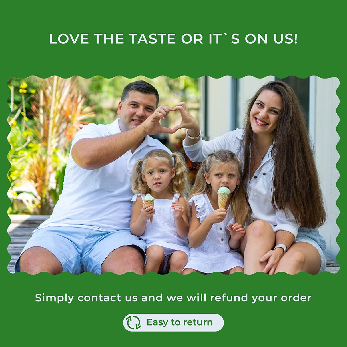 Family enjoying ice cream outdoors with text: "Love the taste or it's on us! Savor our Japanese Matcha Green Tea flavor, and enjoy easy returns if it's not your favorite.