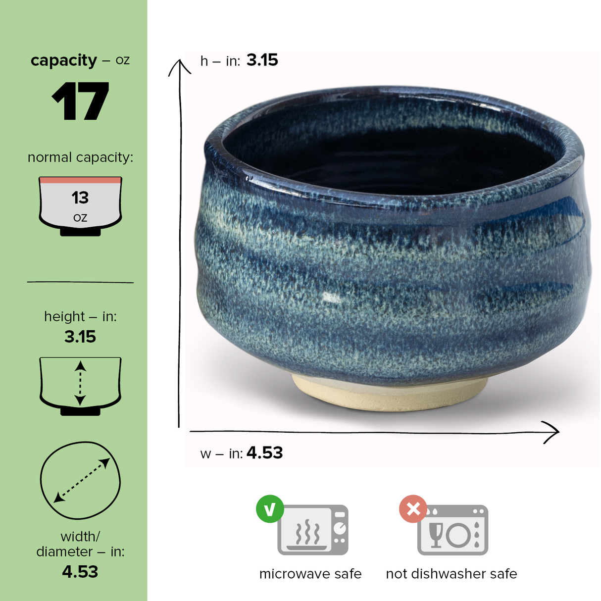 The Maruyoshi Navy Sea Ceramic Matcha Bowl, with a 17 oz capacity, is ideal for a ceramic matcha tea set. It's microwave safe but not dishwasher safe.