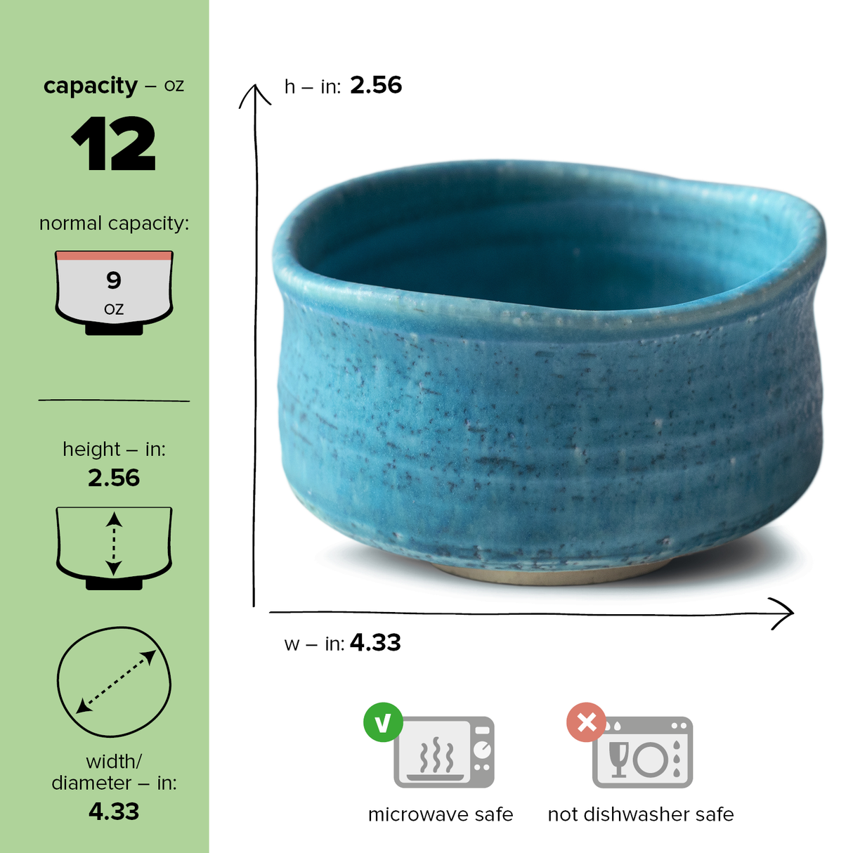 The Iguchi Blue Ceramic Matcha Bowl features a 12 oz capacity and a textured surface. It's microwave safe but not dishwasher safe, making it ideal for pairing with a bamboo whisk. Dimensions provided.
