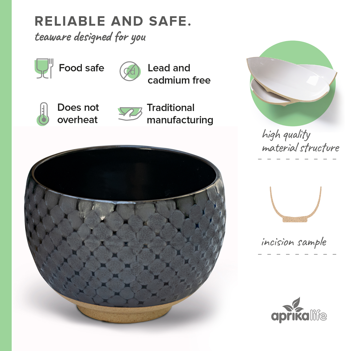 The Black Ami Pattern Matcha Bowl features a textured design, showcasing the artistry of Japanese pottery. It's lead-free, doesn’t overheat, and reflects traditional craftsmanship with food safety in mind.