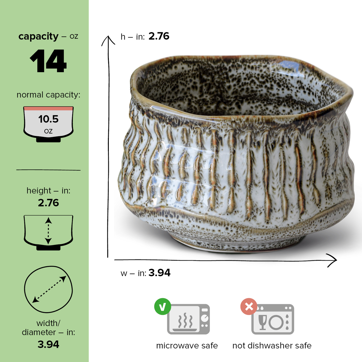 The White Ceramic Meisen Matcha Bowl, ideal for your tea set, is microwave safe (not dishwasher safe) with precise dimensions and capacity. Complements the bamboo matcha whisk for an authentic experience.