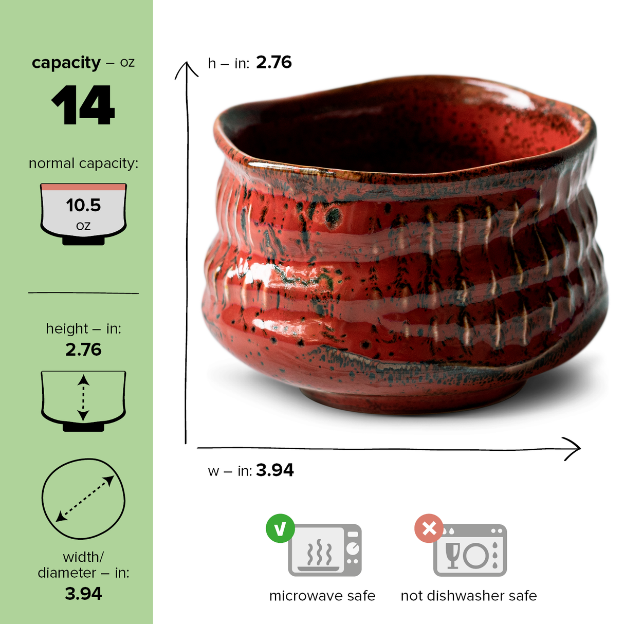This Red Ceramic Matcha Bowl, part of a set that includes a bamboo whisk and holder, is reminiscent of Minoyaki pottery with its textured design. The bowl measures 2.76 inches in height and 3.94 inches in diameter, making it microwave safe but not dishwasher friendly.