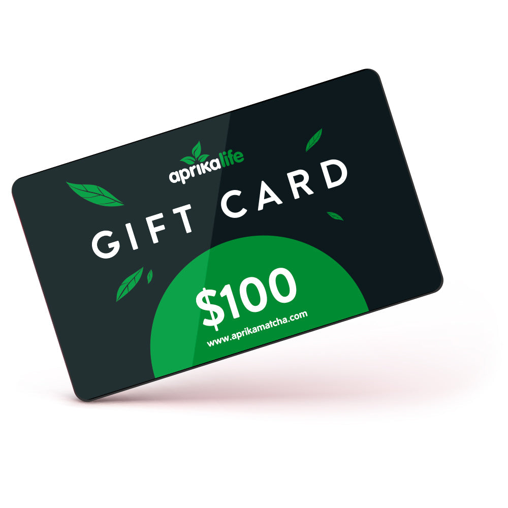 The "aprikalife" eGift Card boasts a chic green and black design with leaf motifs. Valued at $100, it offers the ideal way to redeem gifts anytime, as it has no expiration date.