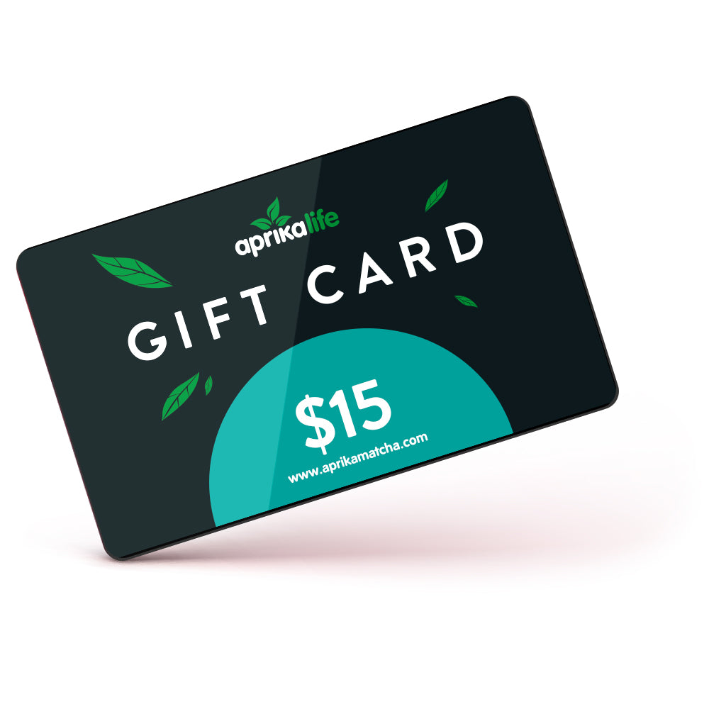 The eGift Card, priced at $15, features a dark background with green leaf accents and is labeled "aprikalife." It's perfect for any occasion and can be redeemed easily without worrying about an expiration date.