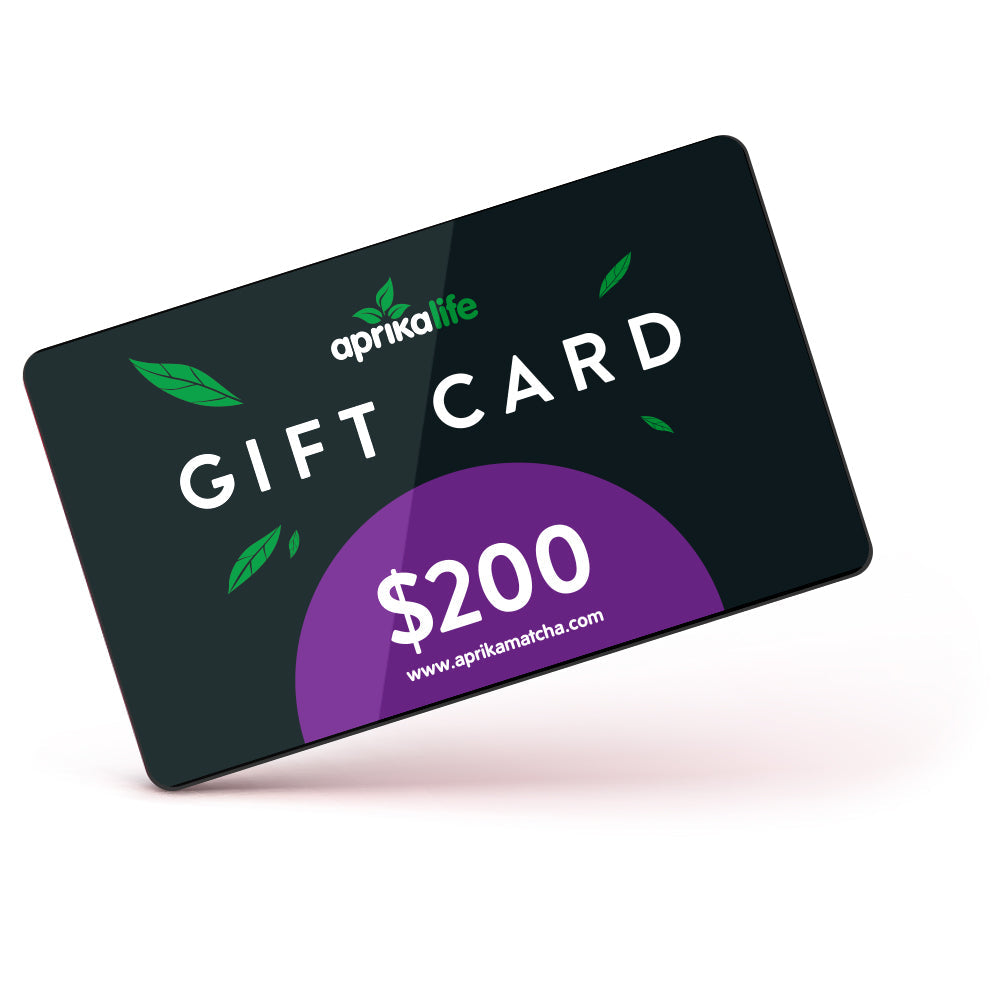 The eGift Card features a black design with "aprika life" logo, green leaves, and a "$200" in a purple circle. It has no expiration and is ideal for indulging at www.aprikamatcha.com. Redeem anytime!.