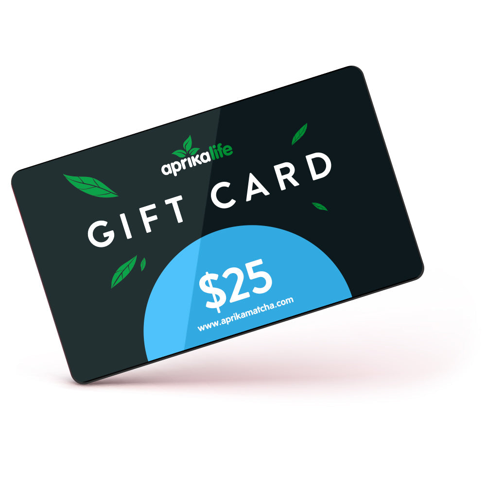 EGift Card with the "aprikalife" logo, accented by green leaves on a sleek black and blue background, valued at $25. Redeemable anytime without expiration.
