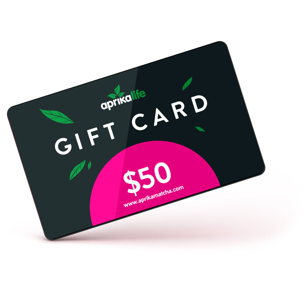 A $50 eGift Card from Aprika Life, featuring a design with green leaves and a pink semicircle, redeemable without expiration.