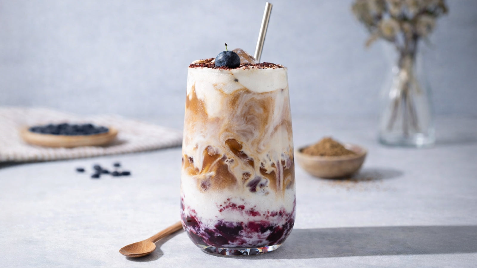 Iced Blueberry Hojicha Latte Recipe