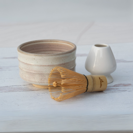 Beige Ceramic Matcha Bowl, Bamboo Matcha Whisk and Whisk Holder Set