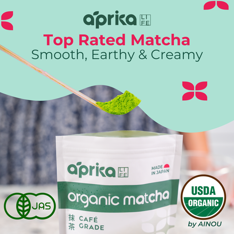 A person holds a package of Organic Japanese Matcha Green Tea Powder, showcasing a green spoonful and the text: "Top Rated Matcha, Smooth, Earthy & Creamy." Experience the richness of Premium Japanese Yabukita Matcha.