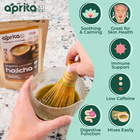 Whisking hojicha in a bowl