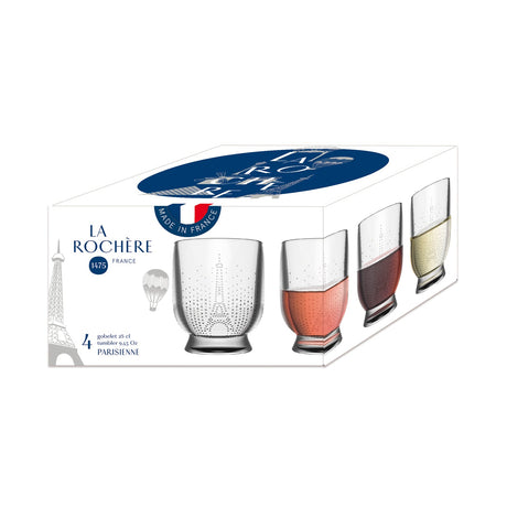 The La Rochere Parisienne Tumbler Set of 4 features decorated glasses with an Eiffel Tower design, capturing French elegance—ideal for serving spirits and cocktails. The tumblers are shown filled with drinks.
