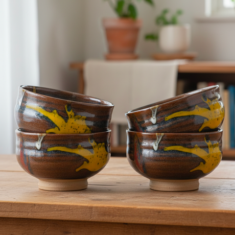 Yellow and Brown Ribbed Bowl