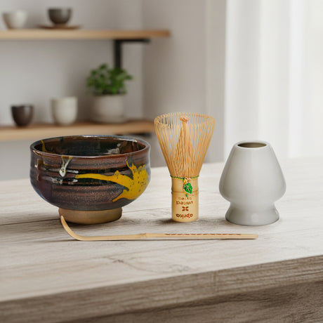 Yellow and Brown Ribbed Ribbed Bowl, Whisk, Holder, Scoop 4-Piece Set